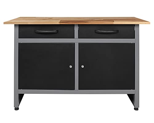 Ondis24 Werkbank Werktisch 120cm, Montagewerkbank 2 kugelgelagerte Schubladen & 2 abschließbare Türen, 28mm Buchenholzarbeitsplatte, TÜV geprüft, Werkstatteinrichtung