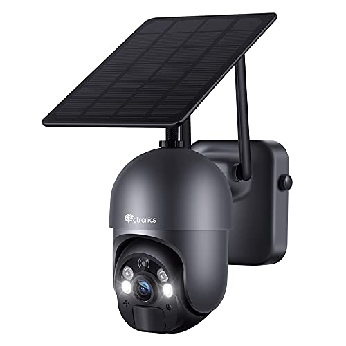 Ctronics Überwachungskamera Aussen Akku 10000mAh 355°/95° Schwenkbar mit Solarpanel, 100% Kabellos PTZ WLAN IP Kamera Outdoor, PIR und Radar Erkennung, Farbige Nachtsicht mit Spotlight, 2-Wege-Audio