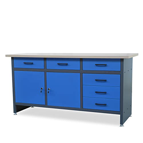 Werkbank mit Arbeitsplatte Werktisch mit 6 Schubladen 2 Schließfächer Verstellbare Füße MDF-Arbeitsplatte Belastbar bis 500 kg Metall 170 cm x 60 cm x 85 cm Anthrazit-Blau