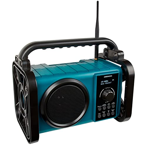 MEDION E66877 DAB+ Baustellenradio (Robustes Gehäuse, Spritzwassergeschützt (IP44), Bluetooth 5.0, PLL UKW Radio, LED-Arbeitslicht, Akku- und Netzbetrieb) blau