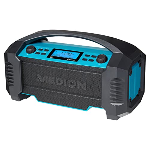 MEDION E66050 DAB+ Baustellenradio (Integrierter Akku, IP54 Schutz gegen Spritzwasser & Staub, USB-Ladefunktion, Bluetooth 5.0, PLL UKW Radio, LED-Arbeitslicht, Akku- oder Netzbetrieb) blau