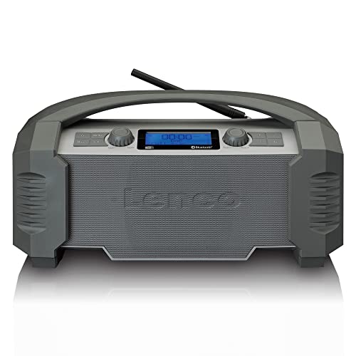 Lenco DAB+ Baustellenradio Bluetooth 5.0 FM Empfänger IP54 Wasserdicht 15 Watt RMS Akku mit 5000mAh AUX-In USB Lader Grau ODR-150GY