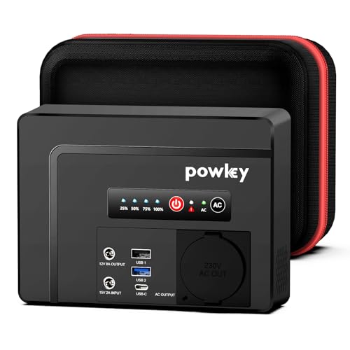 Powkey Powerbank mit Steckdose 26400mAh/97.68Wh Tragbare Powerstation mit 100W/230V AC Ausgang, 12V DC, PD 65W USB C Externer Akku für Camping Tablet Handy