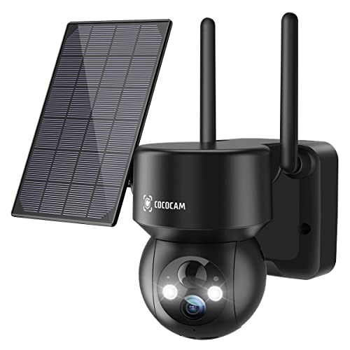 COCOCAM Überwachungskamera Aussen Akku 10000mAh 355°/90° Schwenkbar mit Solarpanel, 100% Kabellos PTZ WLAN IP Kamera Outdoor, PIR Erkennung, Farbige Nachtsicht mit Spotlight, SD/Cloud-Speicher, IP66