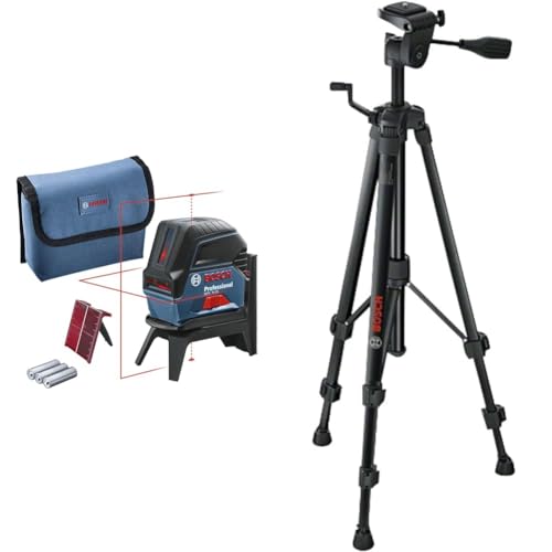 Bosch Professional Kreuzlinienlaser GCL 2-15 (roter Laser, mit Lotpunkten, Arbeitsbereich: 15 m, mit Stativ, 3x AA Batterien, Drehhalterung RM 1 Professional, Laserzieltafel, Schutztasche)