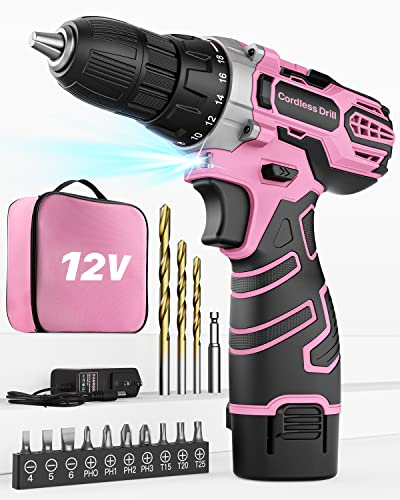 Akkuschrauber 12V in Pink Rosa, Akkubohrer, Akku Bohrschrauber Set für Frauen mit 15 Zubehör und Akku, Tasche, 18+1 Drehmomenteinstellung, 10mm Bohrfutter, 2-Gang, LED-Licht, für Reparatur & DIY