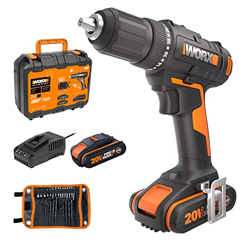 WORX 18V (20V MAX) Akku-Bohrschrauber WX108.2, PowerShare, Max. 45 Nm, mit 2 x 2,0 Ah Akkus und 30 Bohraufsätzen, 2-Gang, LED, 13 mm Schnellspannbohrfutter