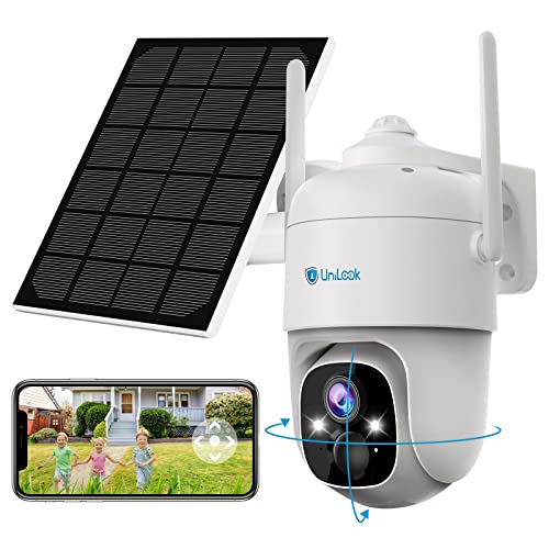 Unilook 2K Überwachungskamera Aussen Akku mit Solarpanel, 100% Kabellose PTZ WLAN IP Kamera Outdoor, 355°/90° Schwenkbar, Farbige Nachtsicht mit Spotlight, 2-Wege-Audio, SD/Cloud-Speicher, IP66
