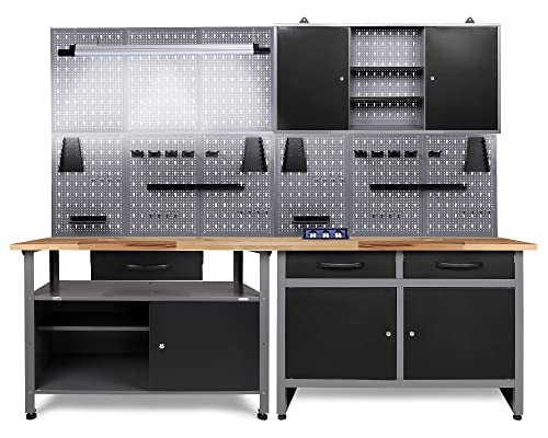 Ondis24 Werkstatt Werkstatteinrichtung 240cm Komplettset mit LED und Bluetooth Lautsprechern, inkl. versenkbare Steckdosenleiste grau Werkbank Werkzeugschrank Lochwand